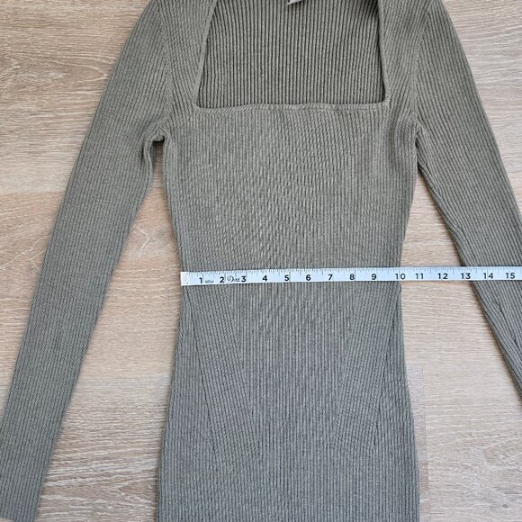 H&M Khaki Green Rib Knit Long Sleeve Midi Dress With Square Neckline Size Small - Picture 16 of 17